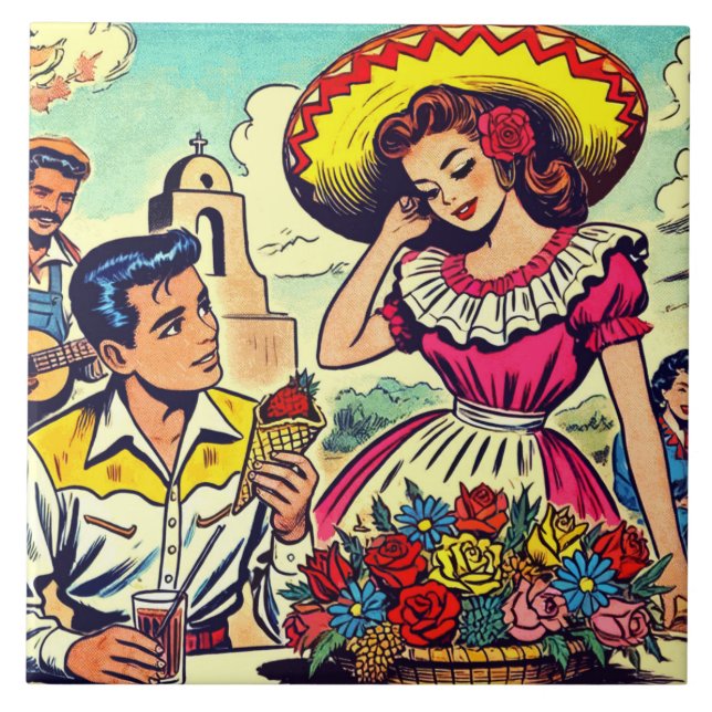 Retro Love Couple Comic Ceramic Tile (Front)