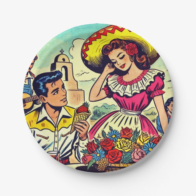 Retro Love Couple Comic Paper Plates (Front)