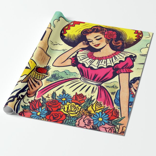 Retro Love Couple Comic Wrapping Paper (Unrolled)