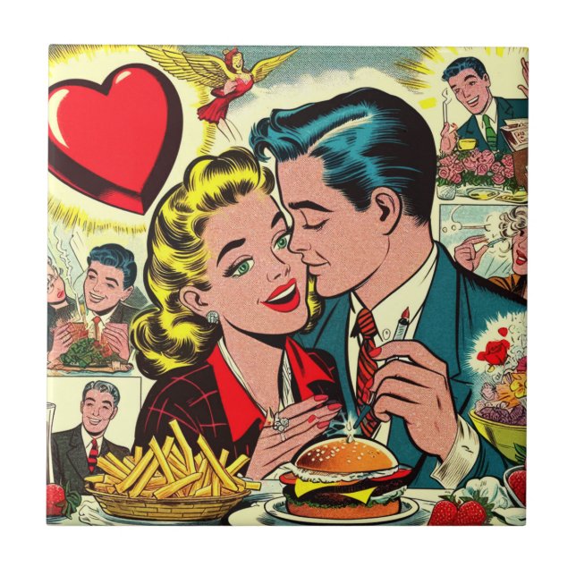 Retro Love Couple Comics Ceramic Tile (Front)