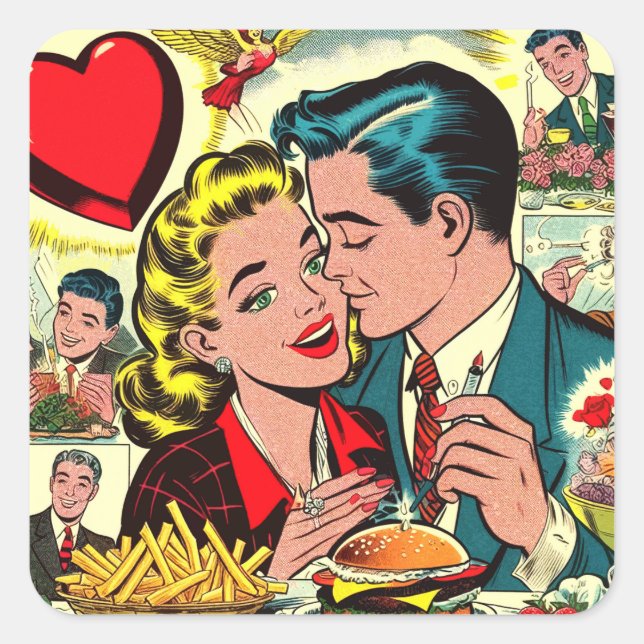 Retro Love Couple Comics Square Sticker (Front)
