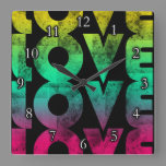 Retro Love, Neon on Black grunge Square Wall Clock