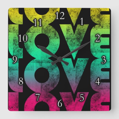 Retro Love Neon on Black grunge Square Wall Clock