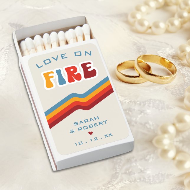 Retro Love On Fire Newlywed Couple Wedding Favor Matchboxes (retro love on fire wedding matchbox matches)