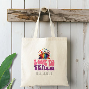 Retro 'Love to Teach' Crayon Design Teacher Name Tote Bag