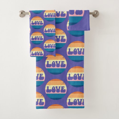 Retro Love Typography On Vintage Sunset Stripes Bath Towel Set