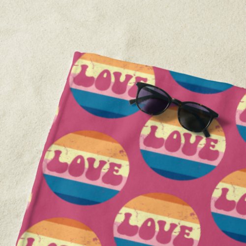 Retro Love Typography On Vintage Sunset Stripes Beach Towel