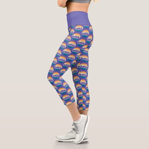 Retro Love Typography On Vintage Sunset Stripes Capri Leggings