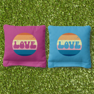 Retro Love Typography On Vintage Sunset Stripes Cornhole Bags