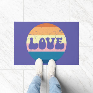 Retro Love Typography On Vintage Sunset Stripes Doormat
