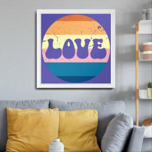Retro Love Typography On Vintage Sunset Stripes Framed Art