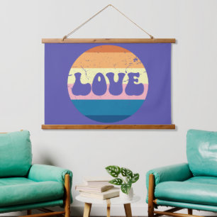 Retro Love Typography On Vintage Sunset Stripes Hanging Tapestry