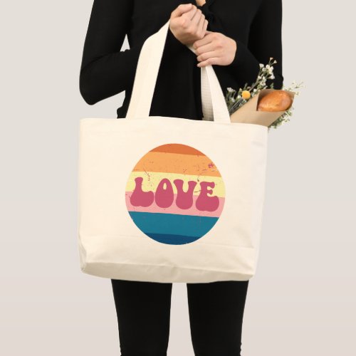 Retro Love Typography On Vintage Sunset Stripes Large Tote Bag