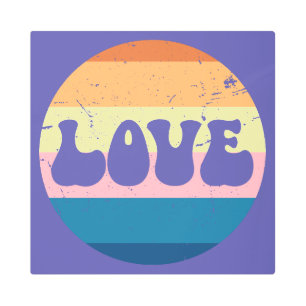 Retro Love Typography On Vintage Sunset Stripes Metal Print