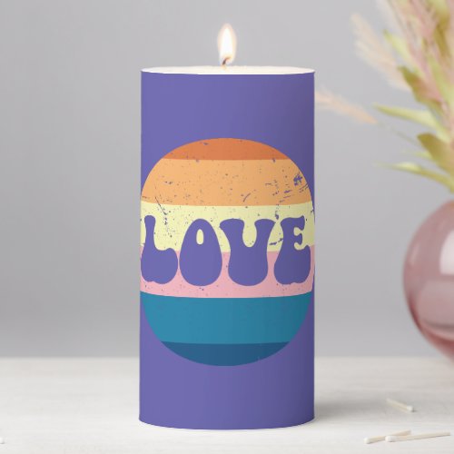 Retro Love Typography On Vintage Sunset Stripes Pillar Candle
