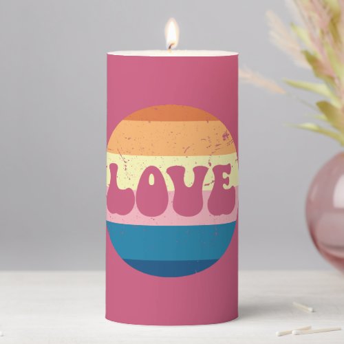 Retro Love Typography On Vintage Sunset Stripes Pillar Candle