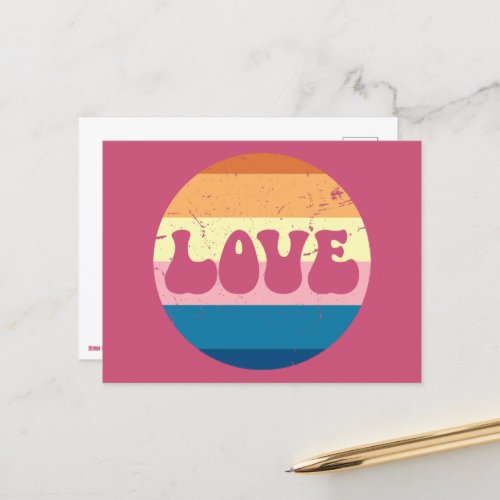 Retro Love Typography On Vintage Sunset Stripes Postcard