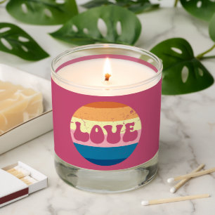 Retro Love Typography On Vintage Sunset Stripes Scented Candle