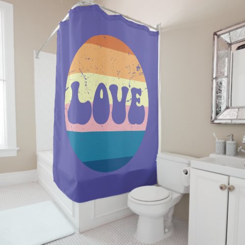 Retro Love Typography On Vintage Sunset Stripes Shower Curtain