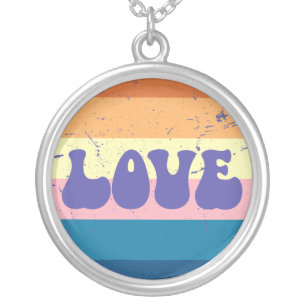 Retro Love Typography On Vintage Sunset Stripes Silver Plated Necklace