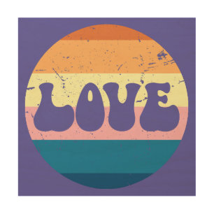 Retro Love Typography On Vintage Sunset Stripes Wood Wall Art
