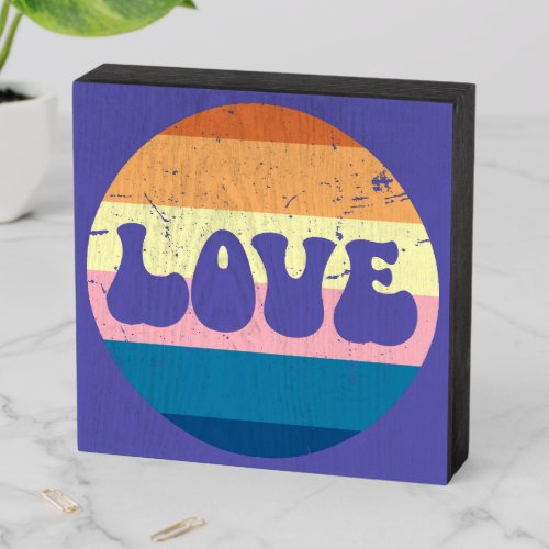 Retro Love Typography On Vintage Sunset Stripes Wooden Box Sign