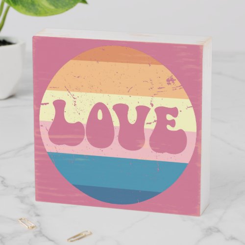 Retro Love Typography On Vintage Sunset Stripes Wooden Box Sign