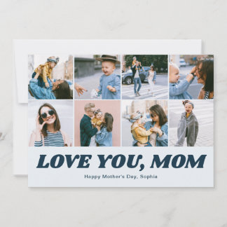 Retro Love You Mom 12 Photo Collage Blue Holiday Card