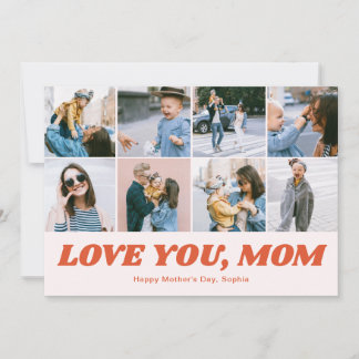 Retro Love You Mom 12 Photo Collage Pink Holiday Card