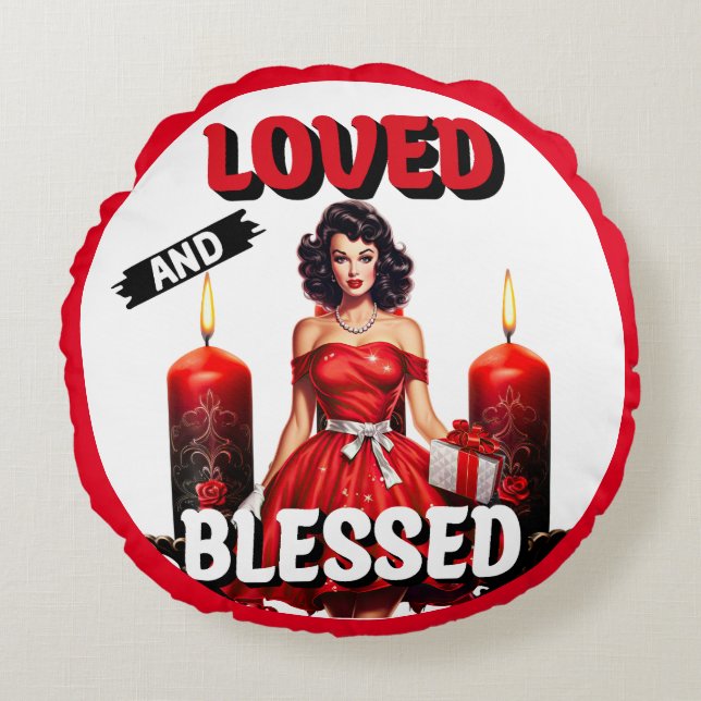 Retro Loved and Blessed Pinup Round Pillow (Front)