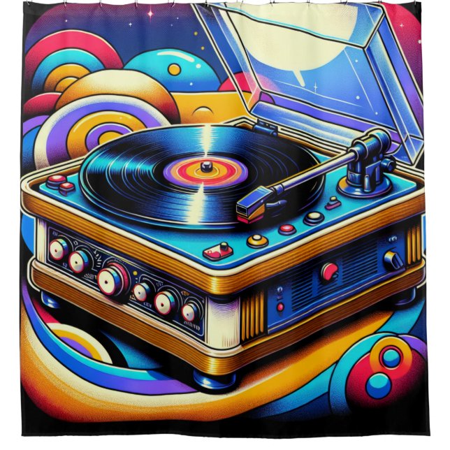 Retro LP Record Player Shower Curtain (Front)