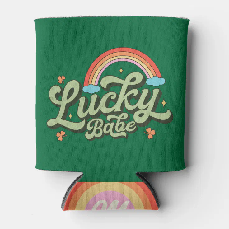 Retro Lucky Babe Rainbow St Patricks Day  Can Cooler (Front)