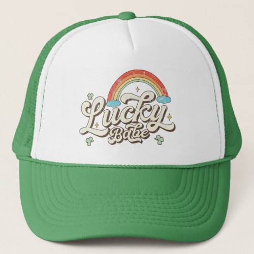 Retro Lucky Babe Rainbow St Patricks Day Trucker Hat