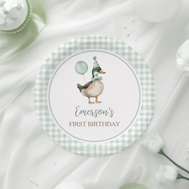 Retro Lucky Duck Sage Green Gingham 1st Birthday Paper Plates (Creator Uploaded)