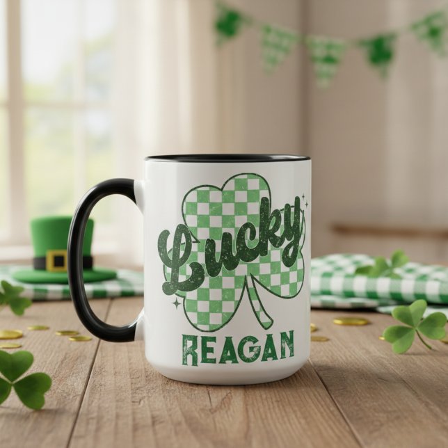 Retro Lucky Shamrock St Patrick's Day Custom Name Mug (Retro Lucky Shamrock St Patrick's Day Monogram Mug)