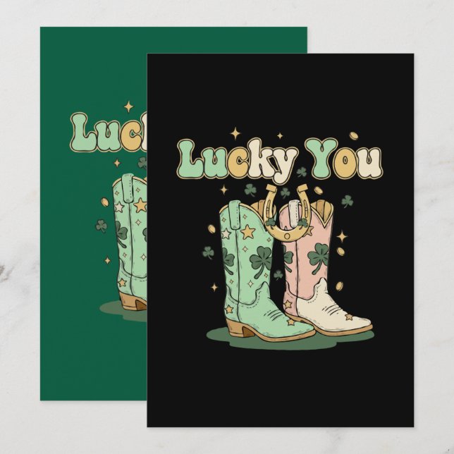 Retro Lucky You Cowboy Boots St. Patrick’s Day  Invitation (Front/Back)