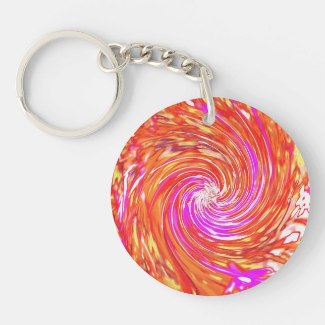 Retro Magenta and Autumn Colors Floral Swirl Keychain (Front)