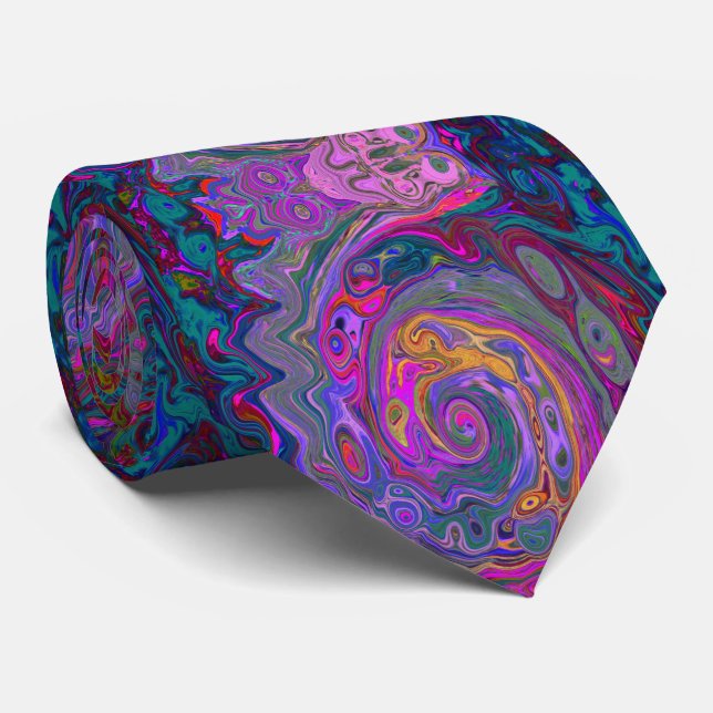 Retro Magenta, Green and Orange Abstract Swirl Neck Tie (Rolled)