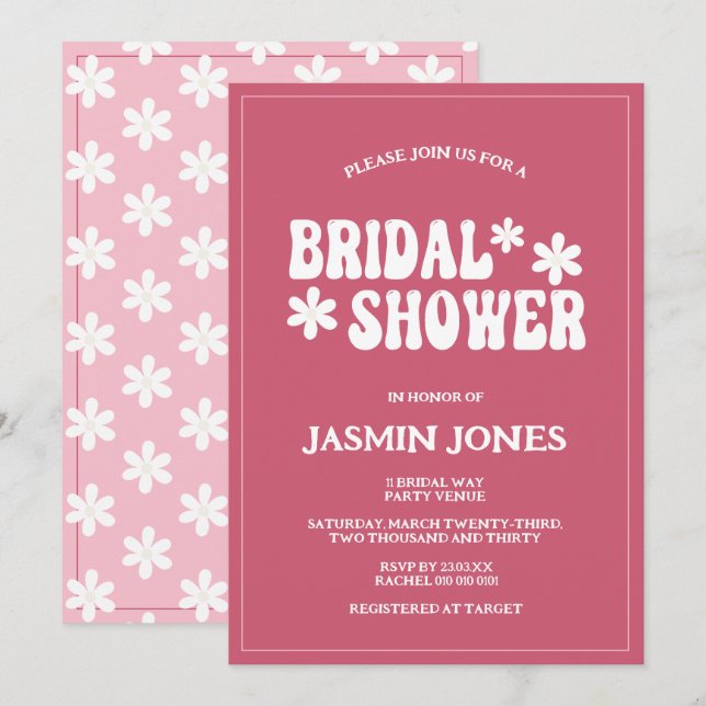 Retro Magenta Pink Daisy Flower Bridal Shower  Invitation (Front/Back)