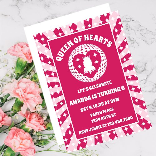 Retro Magenta Queen Of Hearts Birthday Invitation