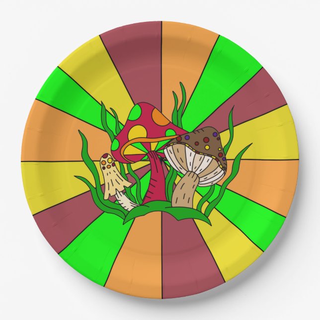 Retro Magic Mushrooms  Paper Plates (Front)