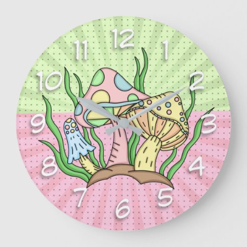 Retro Magic Mushrooms Pink and Yellow    Large Clock