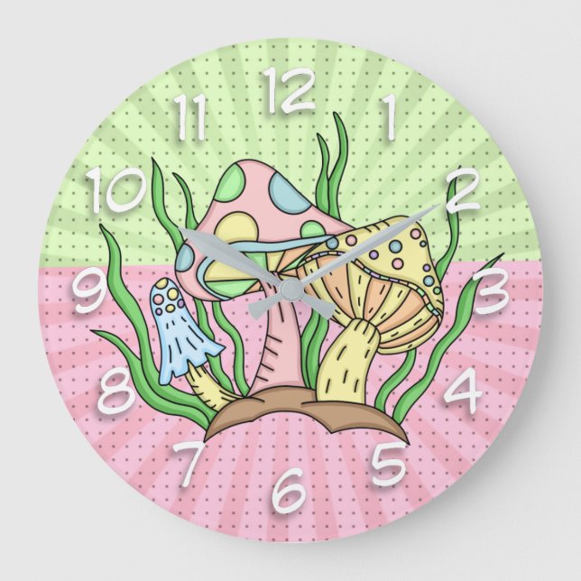 Retro Magic Mushrooms Pink and Yellow    Large Clock (Front)
