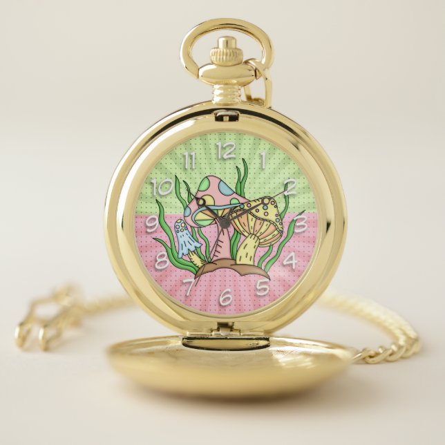 Retro Magic Mushrooms Pink and  Yellow Pocket Watch (Inside)