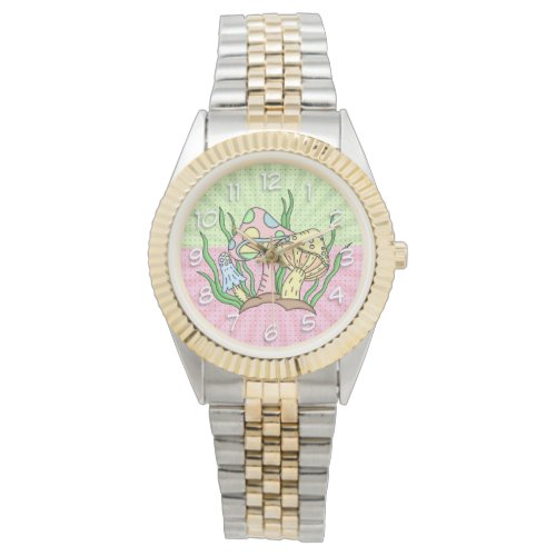 Retro Magic Mushrooms Pink and  Yellow Watch