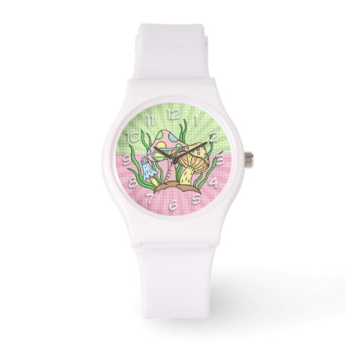 Retro Magic Mushrooms Pink and  Yellow  Watch