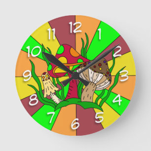 Retro Magic Mushrooms Round Clock