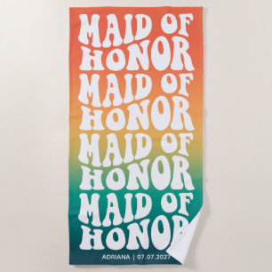 Retro Maid of Honor Ombre Bachelorette Party Beach Towel
