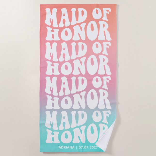 Retro Maid of Honor Pink Aqua Gradient  Beach Towel (Front)