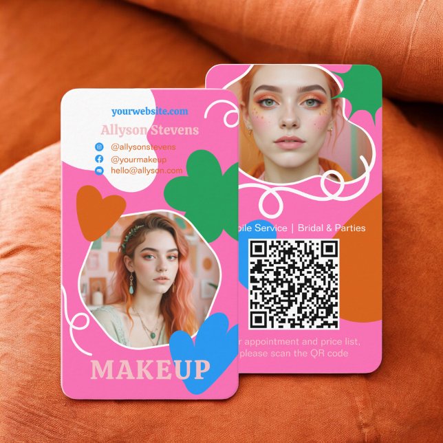 Retro Makeup beauty shapes photo qr code pink Business Card (Retro Makeup beauty shapes photo qr code pink Business Card)